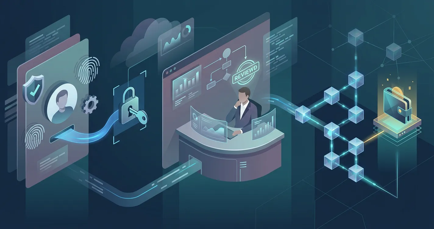 Illustration of a cryptocurrency withdrawal moving through identity checks and blockchain settlement