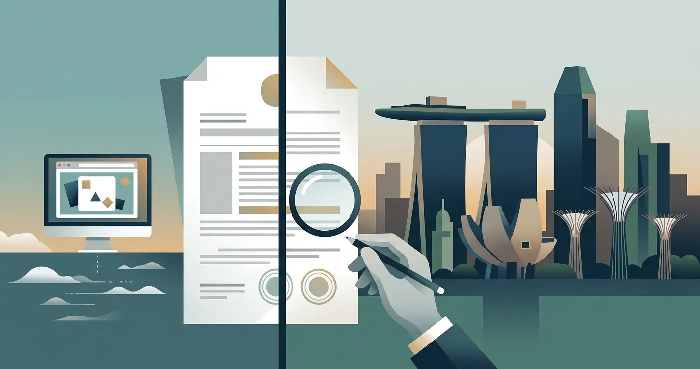 Illustration of Singapore online gambling regulation and jurisdiction checks without casino branding