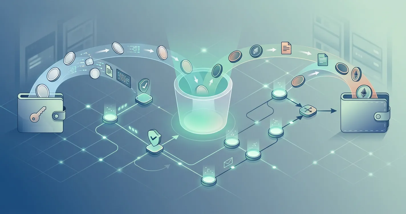Illustration of cryptocurrency moving through deposit, casino balance and withdrawal stages