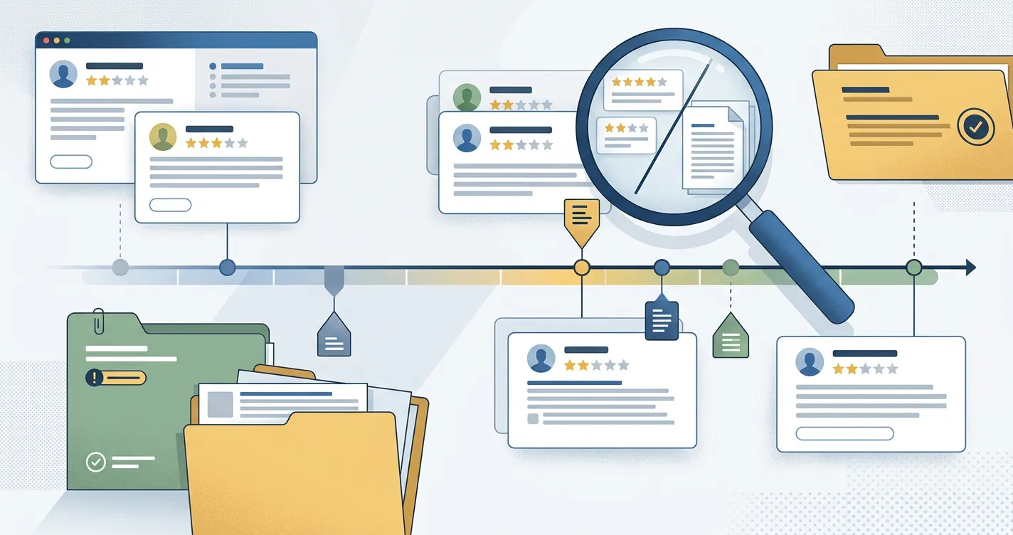 Illustration of user reviews, complaint records and reputation checks without casino branding