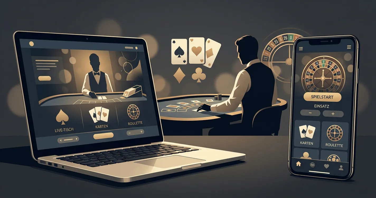 Illustration of a live-dealer casino table viewed on a digital screen