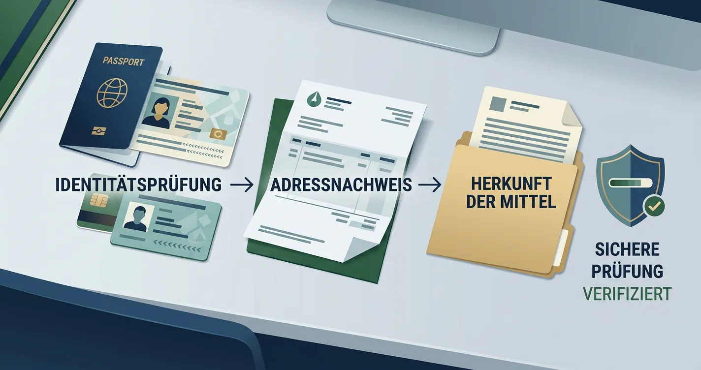 Illustration of identity documents, secure verification and compliance review without real casino branding