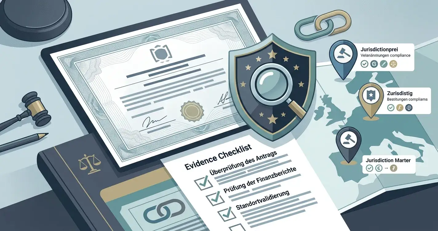 Illustration of licence verification, jurisdiction checks and trust signals without casino branding