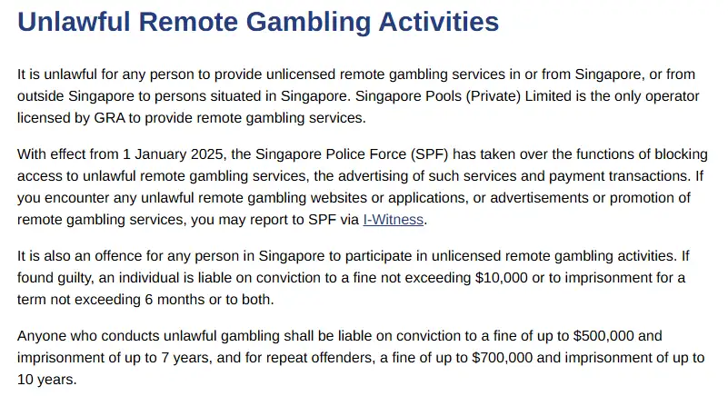 Singapore GRA guidance on unlawful remote gambling